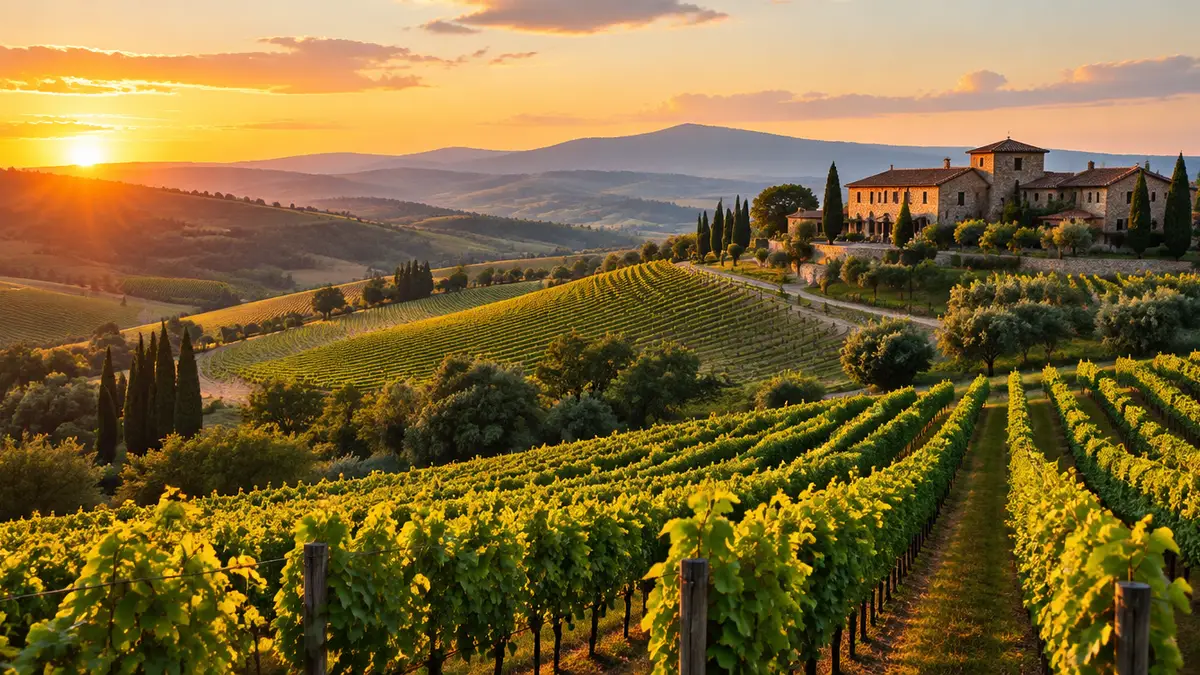 Rolling vineyard hills with a stone winery at golden hour